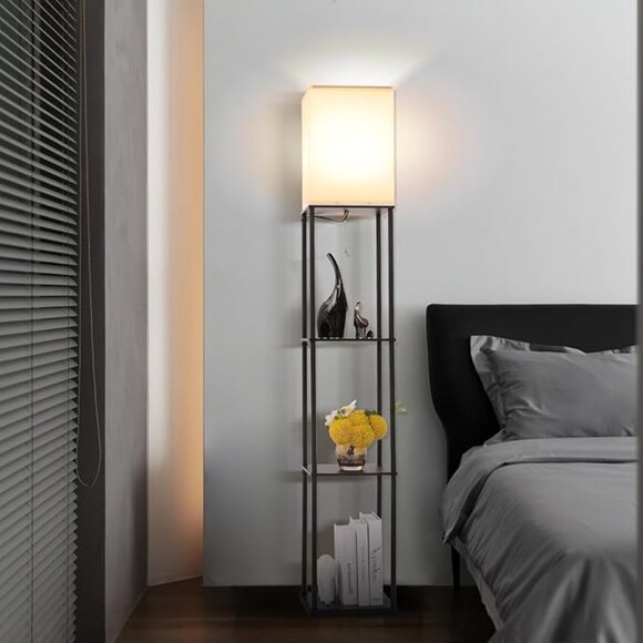 NEW Floor Lamp w/Shelves, Modern Square Standing Lamp w/3 Color Temperature Bulb - Picture 1 of 6